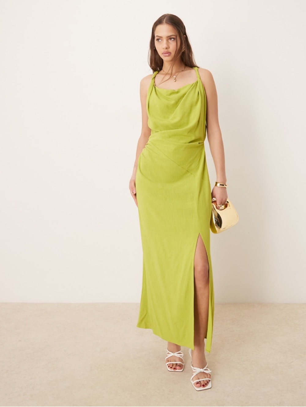 ASOS Lime Green Cowl Neck Maxi Dress with Side Slit